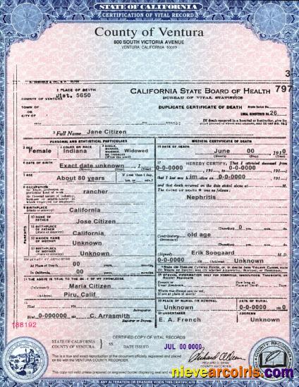 USA state California County of Ventura death certificate